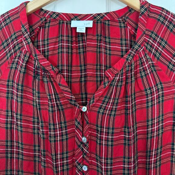 J.Jill Red Plaid Rayon Shirt Long Sleeve Tartan Button Front V Neck Womens M - Picture 4 of 6